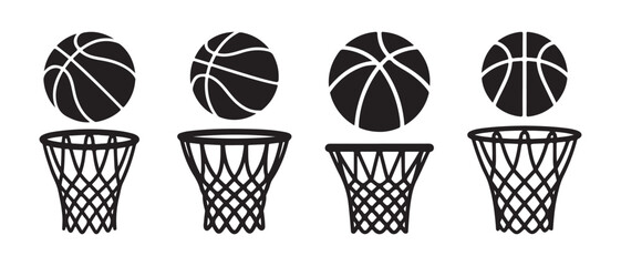 Black Basketballs Hovering Over Netless Hoops Against on White Background. © Safali