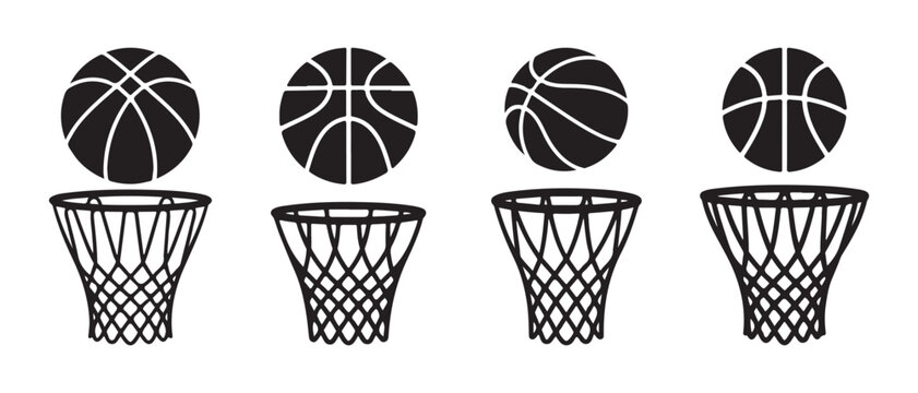 Four basketballs hovering above basketball hoops, presented in a clean, graphic style.