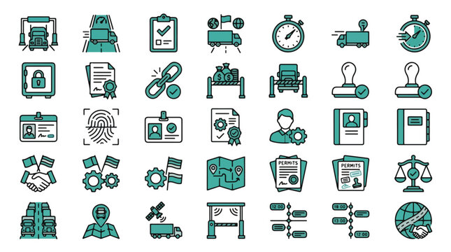 Trucking and logistics icon set. Semi truck, driver, CDL, delivery, freight, transport, shipping, maintenance, safety, road, cargo, trailer, hazard, haulage, tools. Flat line vector icons.