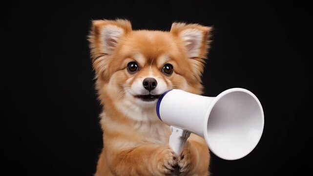 Cute Pomeranian dog shouting into a megaphone on black background