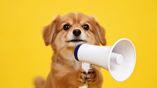 Cute Fluffy Dog Barking Into Megaphone Over Yellow Background