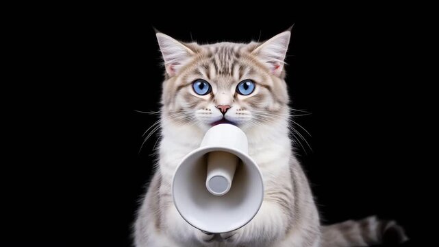 Funny Cat with Blue Eyes Shouting into a White Megaphone
