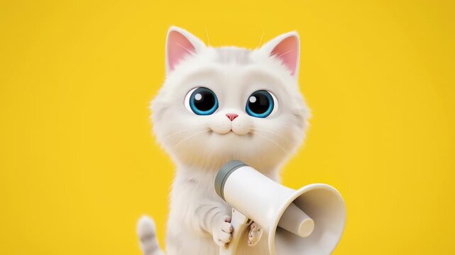 Cute 3D White Cat Shouting Through Megaphone on Yellow Background