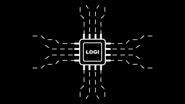 white microchip l o g i circuit board neon light technology concept
