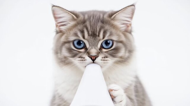 Cute Fluffy Cat Shouting into a White Megaphone