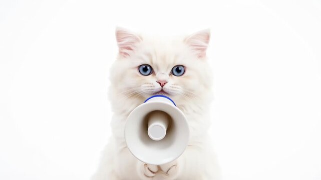 White cat with blue eyes holding a megaphone on white background