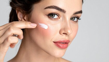 Naklejka premium Woman Applying Cream on Face for Skincare Beauty and Relaxation Routine for Healthy Skin and Radiant Complexion.