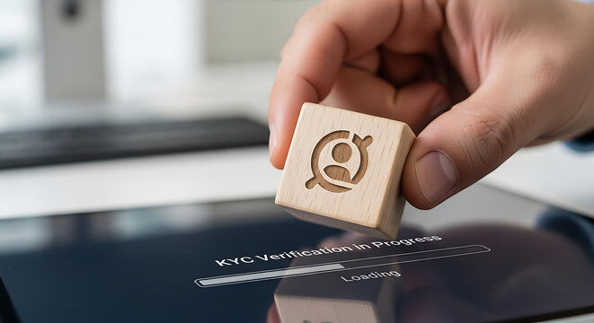 Hand holding wooden block with at symbol on reflective surface