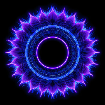 A black hole sun with neon blue and purple flames in a symmetrical high-contrast vector icon