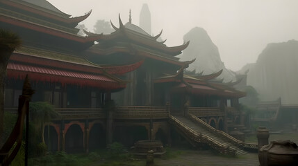 Ancient Thai Temple amidst Misty Mountains