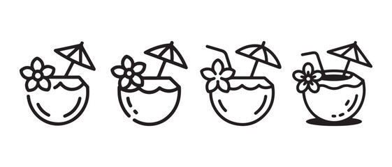 Fototapeta premium Set of minimalist line art coconut cocktail icons with umbrella and flower, representing tropical summer drinks and vacation.