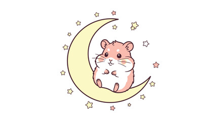 Fototapeta premium Adorable Hamster Sitting on Crescent Moon Surrounded by Stars Illustration.