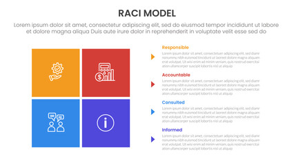 Fototapeta premium RACI model infographic 4 point stage template with matrix structure with block square shape on left column for slide presentation