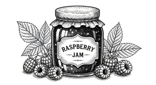 Hand-drawn Raspberry Jam Jar with Fresh Berries and Leaves Illustration