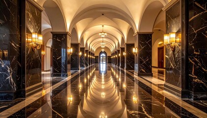 Obraz premium Grand Hallway with Marble Columns and Reflective Floor Elegant Interior Design and Architectural Detail.