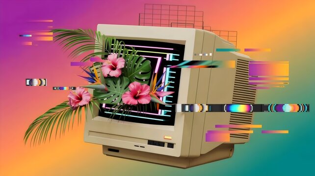 Glitch art collage with retro monitor and plants &ndash; Great for music album covers, gaming culture, or 90s nostalgia content.