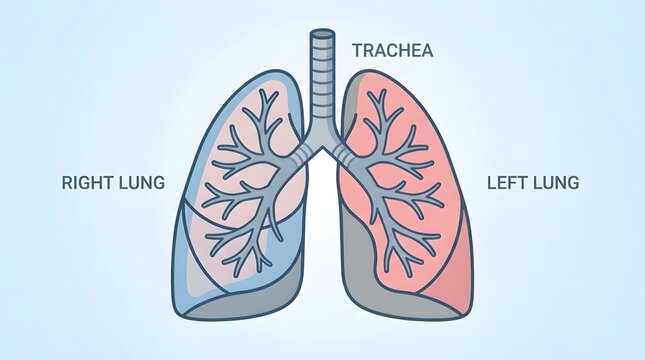Anatomical diagram illustrating the human trachea branching into the right and left lungs with distinct lobes.
