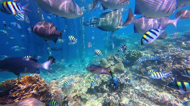 Underwater Wonders of the Tropical Reef with  Bumphead parrotfish  as Beauty of Coral Reef Biodiversity with ocean sea background	