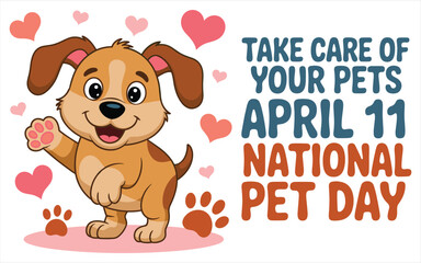 Fototapeta premium Cartoon golden retriever puppy with heart decorations for national pet day