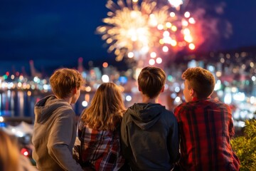 Obraz premium Group of Youths Watching Fireworks on St. Patrick's Day Celebrations at Night