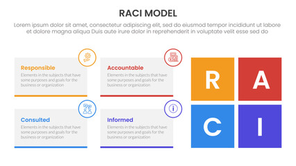 RACI model infographic 4 point stage template with rectangle box container and square shape for slide presentation