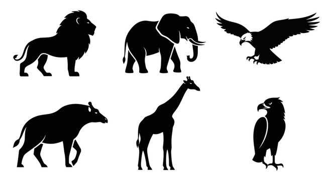 Black silhouettes of savannah wildlife animals