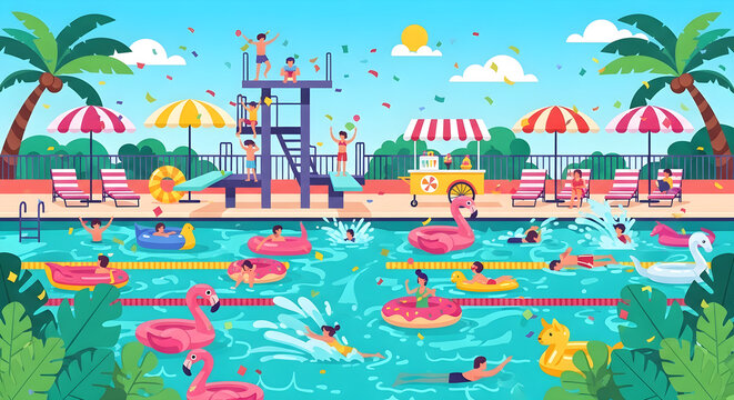 Crowded turquoise pool with swimmers inflatables umbrellas palms and lifeguard under sunny blue sky