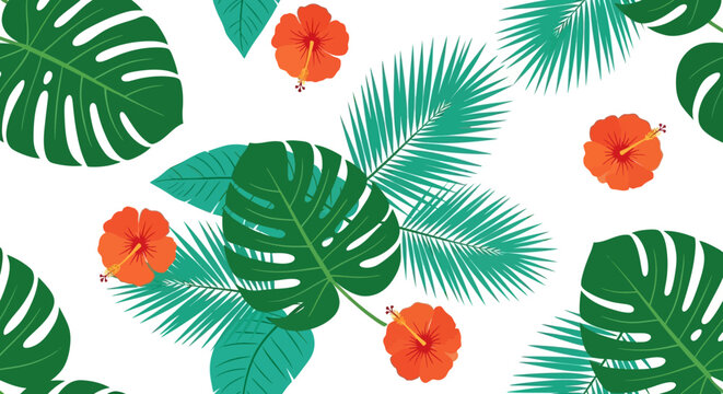 Tropical botanical leaf pattern with hibiscus flowers
