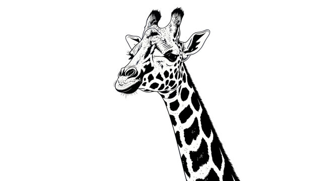 Close-up sketch of a giraffe head and neck, black and white illustration