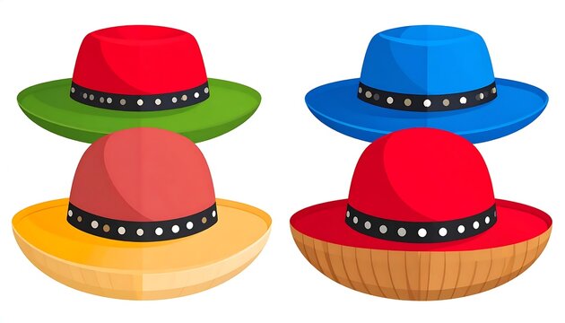 A stack of colorful hats with decorative bands