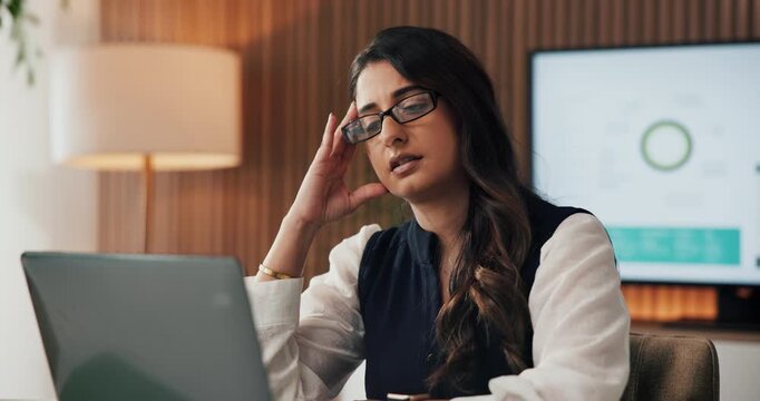 Frustrated, woman or headache with stress on laptop for mistake, financial crisis or tax in office. Female person, employee or migraine with computer for debt, company bankruptcy or fail in workplace