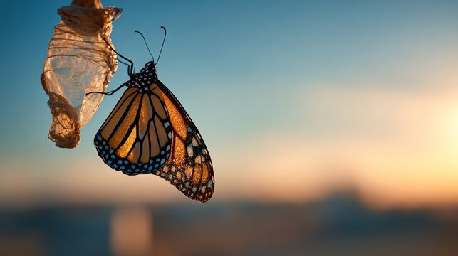 chrysalis. Monarch butterfly emerging from chrysalis at dawn, symbolic of new beginnings. wildlife magazines, conservation campaigns, designed for nature documentaries and education.