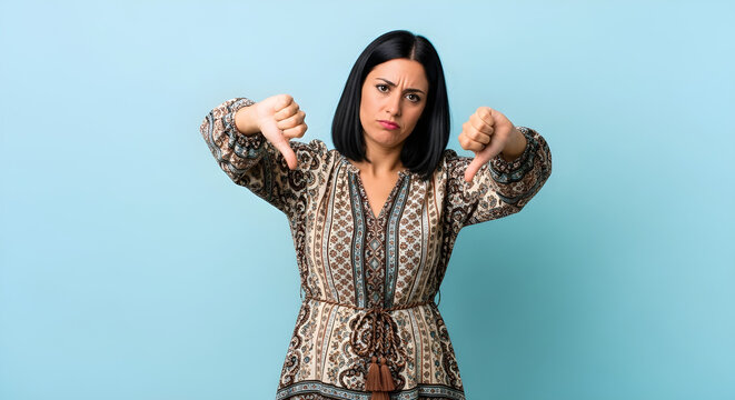 Woman giving two thumbs down with a displeased expression on her face