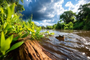 Obraz premium Cinematic Scene of Platypus Navigating Through Serene Water Landscape