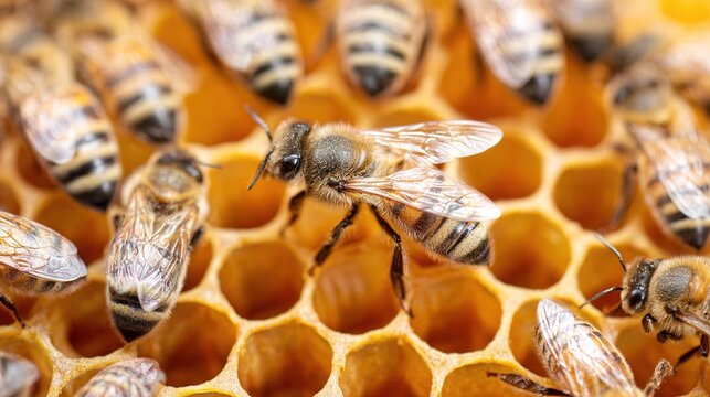 diploid. A queen bee surrounded by worker bees in a honeycomb during golden hour. wildlife magazines, conservation campaigns, designed for nature documentaries and education.