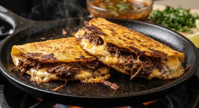 Birria mulitas with melted cheese on cast iron skillet