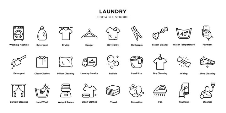 Laundry line icons set with editable stroke