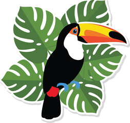 Fototapeta premium Toucan Bird Sticker with Tropical Monstera Leaves Isolated on White Background