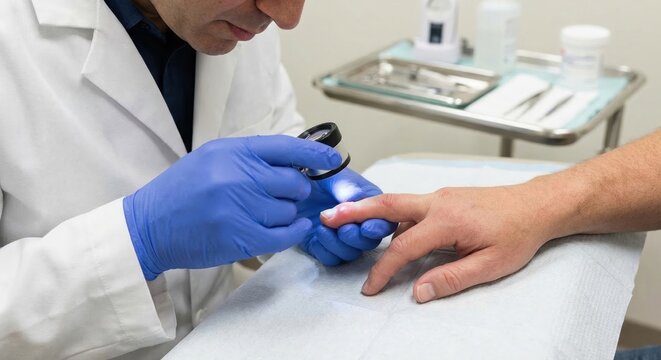 Dermatologist examining inflamed paronychia on patient's finger
