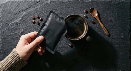 Obraz premium Hand holding blank black packet over coffee cup