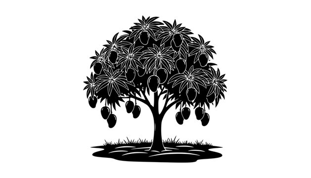 A mango tree silhouette illustration with fruit and leaves on white background