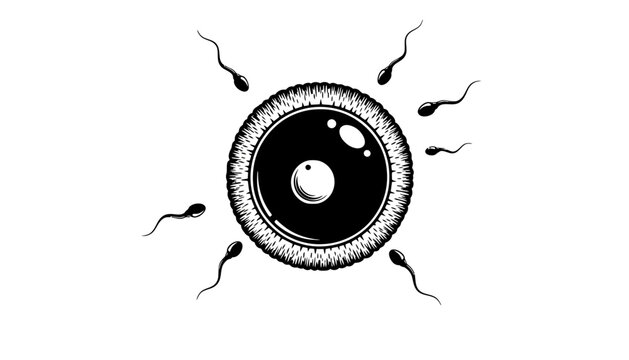 A large egg cell illustration surrounded by multiple sperm cells in black and white