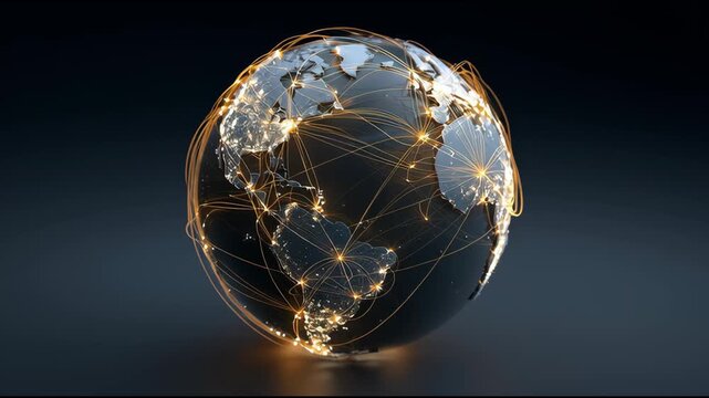 giant transparent globe with glowing trade routes connecting continents representing global business and logistics