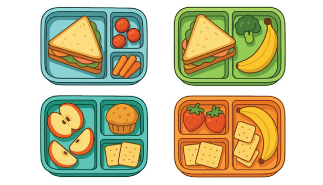 School lunch icon set with various colorful meal trays and food