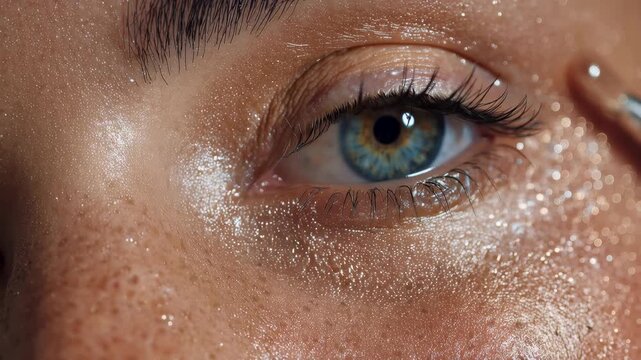 Closeup of young woman applying shimmering makeup to enhance her natural beauty in a bright, well-lit setting