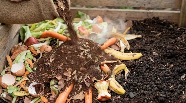 Hands pouring organic matter from burlap sack onto compost heap with kitchen food waste