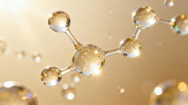 The highly active skin care molecular structure in the gilded light shadow represents the concept of scientific skin care, anti-aging repair and muscle bottom strength and rejuvenation.
