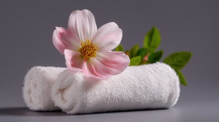 Single pink flower with a yellow center placed on top of a white rolled-up towel.