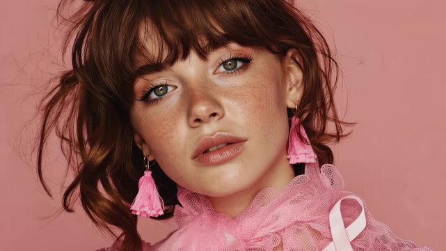 Woman with pink ribbon stands against a soft pink background, showcasing her beauty and a message of hope through fashion and color
