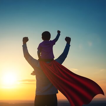 Father day superhero dad and child silhouette sunset